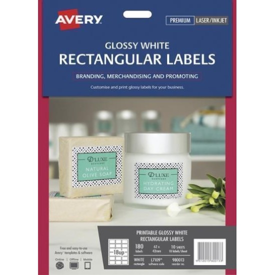 AVERY LABEL L7109 RECTANGULAR GLOSSY WHITE 18UP 10 SHEETS