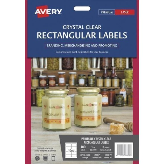 AVERY LABEL L7113 RECTANGULAR LABELS CRYSTAL CLEAR 10UP 10 SHEETS