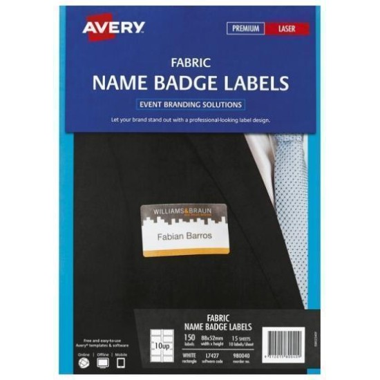 AVERY NAME BADGE L7427 FABRIC 88X52MM 10UP 15 SHEETS LASER
