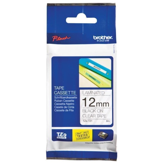 BROTHER TAPE PTOUCH TZE131 12MM BLACK ON CLEAR 8M
