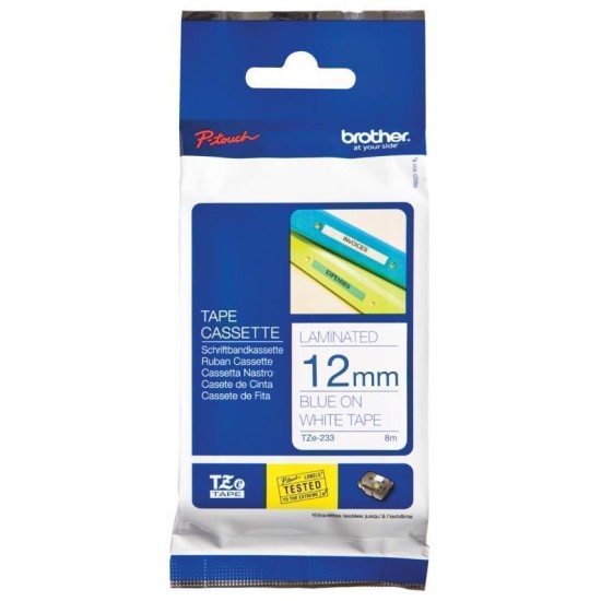 Brother TZe-233 Labelling Tape Cassette – Blue on White, 12mm wide