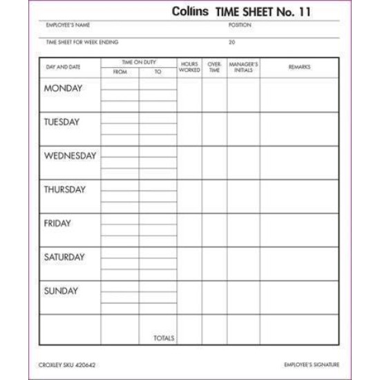 COLLINS WAGE TIME SHEETS NO.11 187X220MM