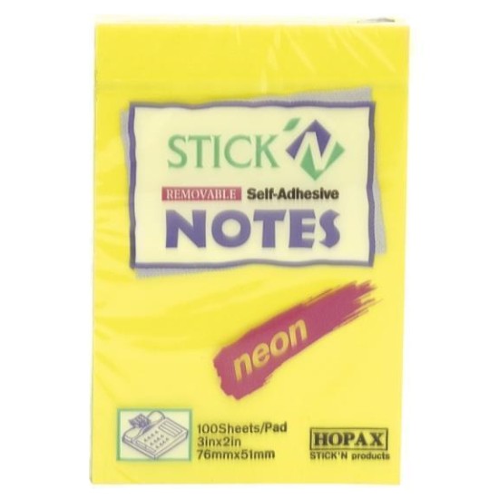 HOPAX STICK N NOTE NEON LEMON 76X50MM 100 SHEET PAD