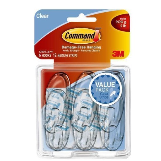 Command Hook 17091CLR-VP-6 Medium Clear Value, Pack of 6