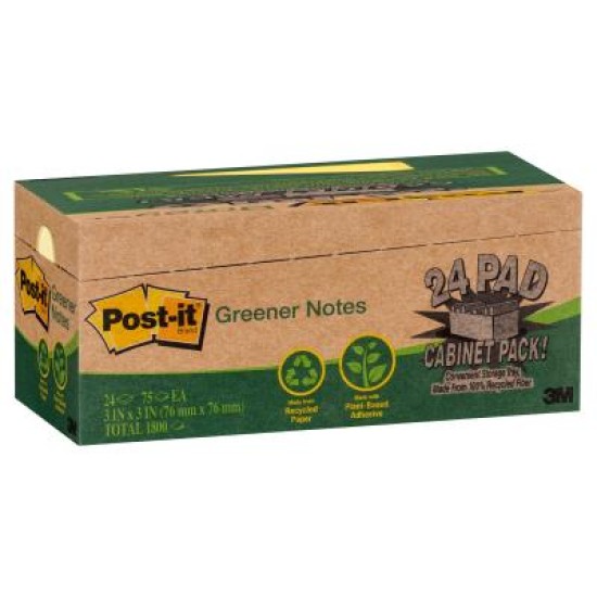 Post-it Greener Notes 654R-24CP-CY 76x76mm Yellow Cabinet, Pack of 24