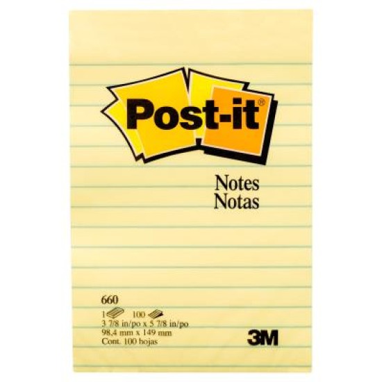 Post-it Notes Yellow 660 Lined  101x152mm 100 sheet pad