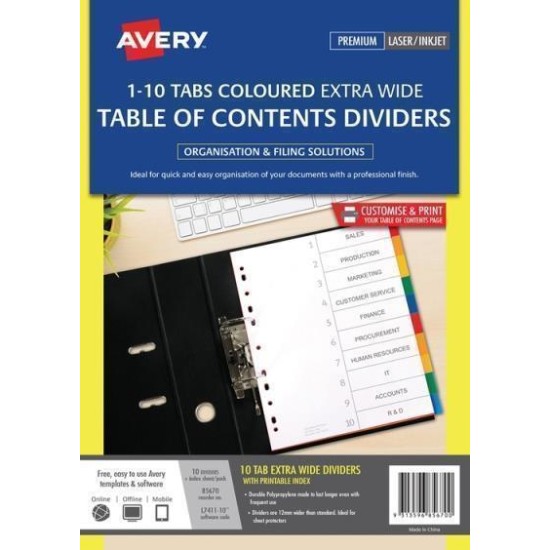AVERY DIVIDERS A4 10 TAB COLOURED PP EXTRA WIDE