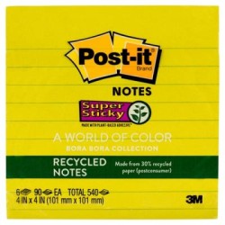Post-it Recycled Super Sticky Lined Notes 675-6SST 101x101mm Bora Bora, Pack of 6