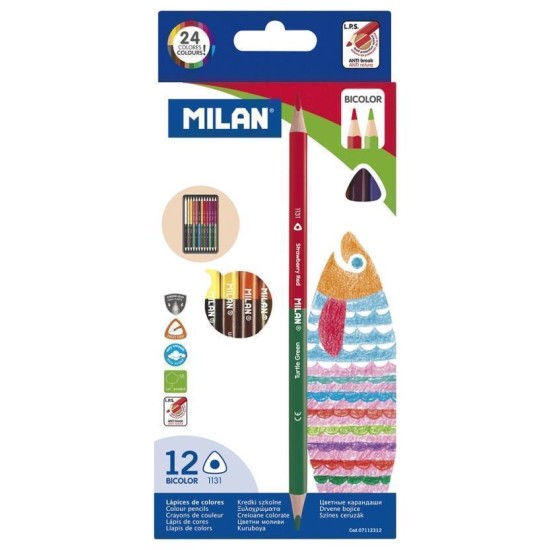 MILAN BICOLOURED PENCILS PACK 12 ASSORTED COLOURS