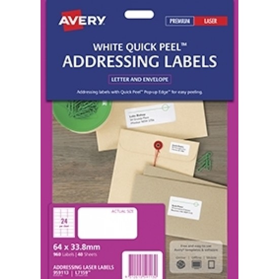 AVERY ADDRESSING LABELS L7159 WHITE 24 UP 40 SHEETS LASER 64X33.8 QUICK PEEL POP UP
