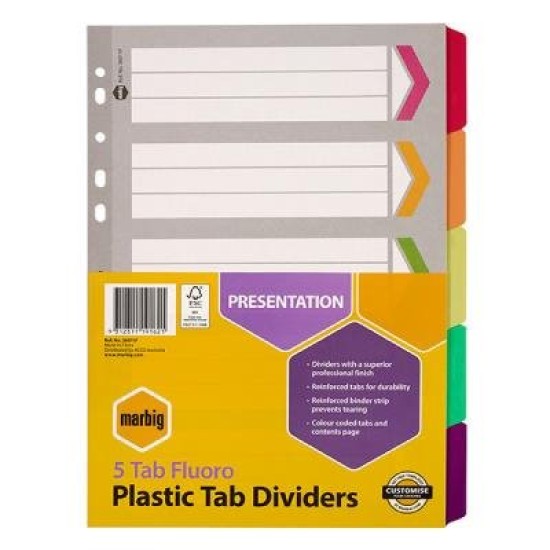 MARBIG DIVIDERS REINF BRD FLUORO A4 5TAB