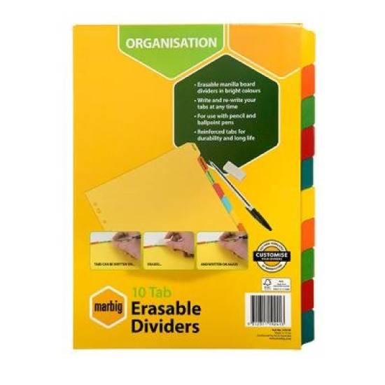 MARBIG DIVIDERS ERASEABLE MNLLA A4 10TAB