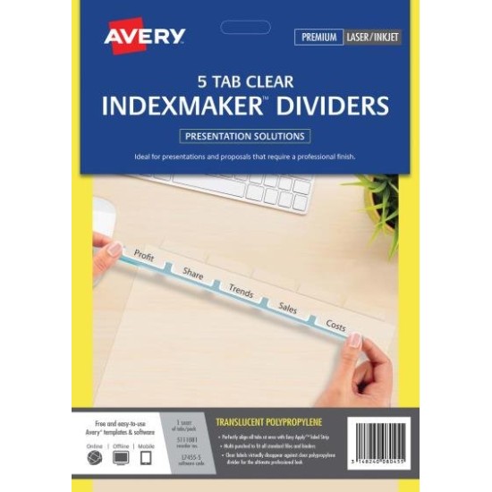 Avery Indexmaker A4 5 Tab Clear With Easy Apply Label L7455-5