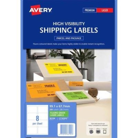 Avery Shipping Label L7165FG Fluoro Green 8 Up 25 Sheets 99.1x67.7mm