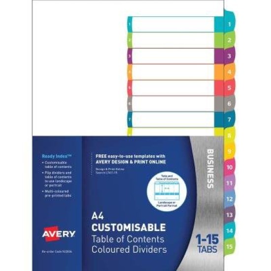 Avery Customisable Table Of Contents A4 1-15 Tabs Coloured FSC Mix Credit