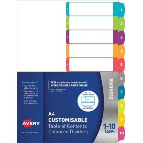 Avery Customisable Table Of Contents A4 1-10 Tabs Coloured FSC Mix Credit