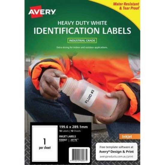 Avery Heavy Duty ID Label J4776 White 1 Up 10 Sheets Inkjet 199.6x289.1mm