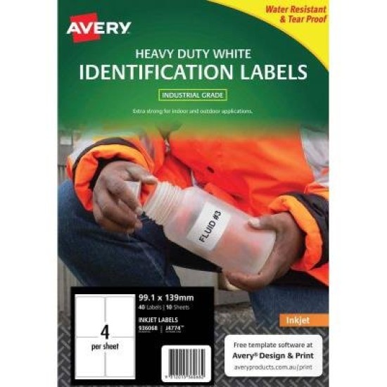Avery Heavy Duty ID Label J4774 White Up 10 Sheets Inkjet 99.1x139mm