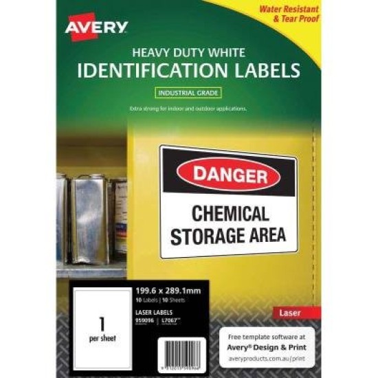 Avery Heavy Duty ID Label L7067 White 1 Up 10 Sheets Laser 199.6x289.1mm