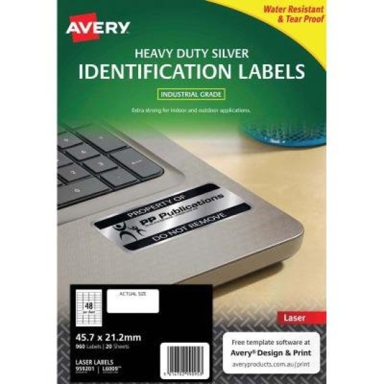Avery Heavy Duty ID Label L6009 Silver 48 Up 20 Sheets Laser 47.5x21.2mm