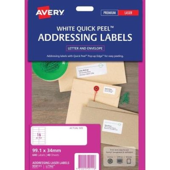 Avery Address Labels L7162 White 16 Up 40 Sheets Laser 99.1x34 Quick Peel Pop Up