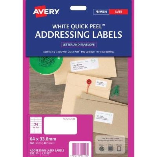 Avery Address Labels L7651 White 65 Up 40 Sheets Laser 38.1x21.2mm Quick Peel Pop Up