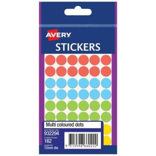 Avery Assorted Dots 12mm 162 Pack