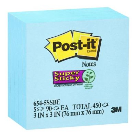 Post-it Super Sticky Notes 654-5SSBE 76x76mm Electric Blue, Pack of 5