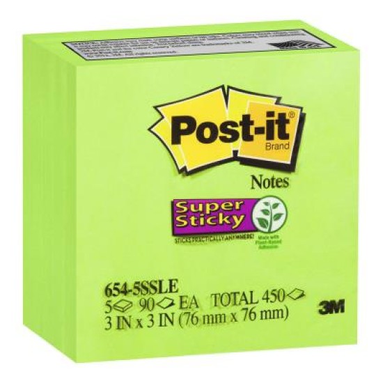 Post-it Super Sticky Notes 654-5SSLE 76x76mm Limeade, Pack of 5