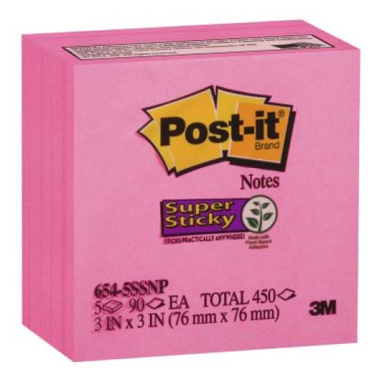 Post-it Super Sticky Notes 654-5SSNP 76x76mm Neon Pink, Pack of 5