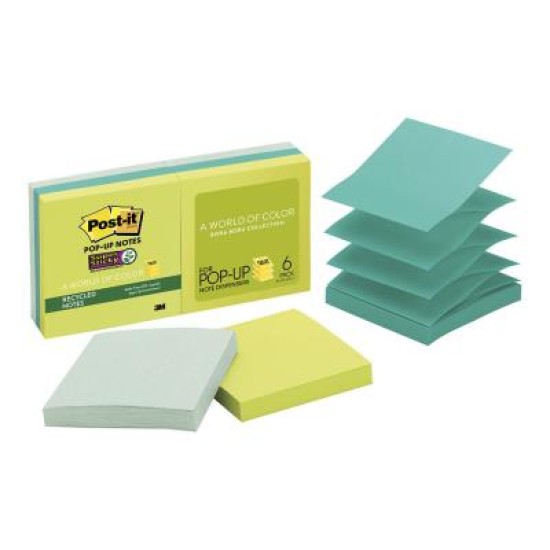 Post-it Recycled Super Sticky Pop-Up Notes R330-6SST 76x76mm Bora Bora, Pack of 6