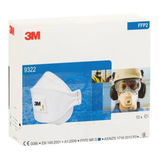 3M Respirator Aura 9322A+ Flat Fold Standard White P2, Pack of 10