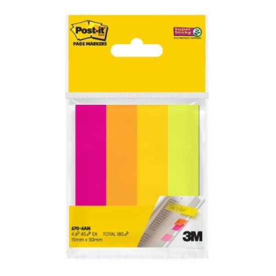 Post-it Super Sticky Page Markers 670-4AN 15mmx50mm Neon, Pack of 4