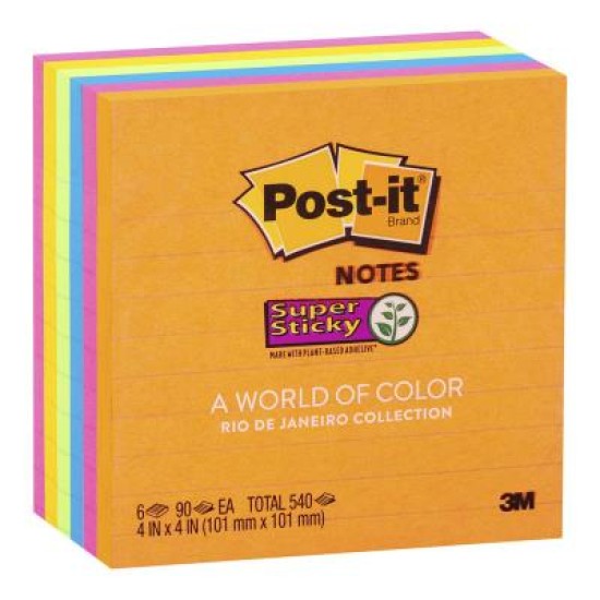 Post-it Super Sticky Lined Notes 675-6SSUC 101x101mm Rio, Pack of 6