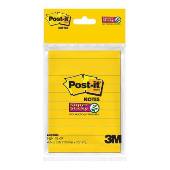 Post-it Super Sticky Lined Notes 643SSN-HB Ultra Yellow 101mm x 76mm Retail Pk/45 Sheets