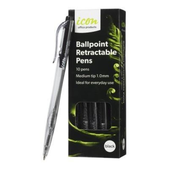 Icon Ballpoint Retractable Pens Black, Pack of 10