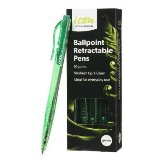 Icon Ballpoint Retractable Pens Green, Pack of 10