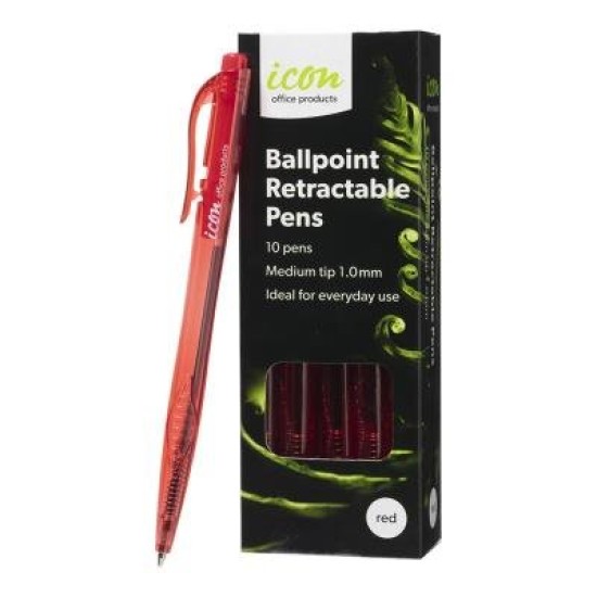 Icon Ballpoint Retractable Pens Red, Pack of 10