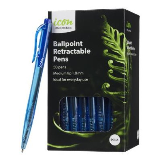 Icon Ballpoint Retractable Pens Blue, Pack of 50