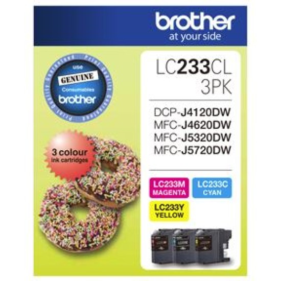 Brother ink cartridge lc233cl3pk cyan/magenta/yellow inkjet 500 pages 3/pack